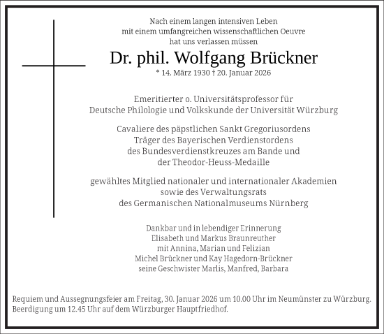 Traueranzeige von Wolfgang Brückner von Frankfurter Allgemeine Zeitung