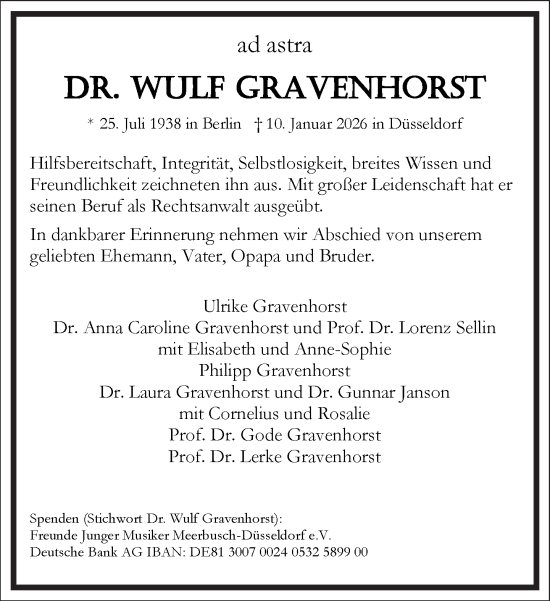 Traueranzeige von Wulf Gravenhorst von Frankfurter Allgemeine Zeitung
