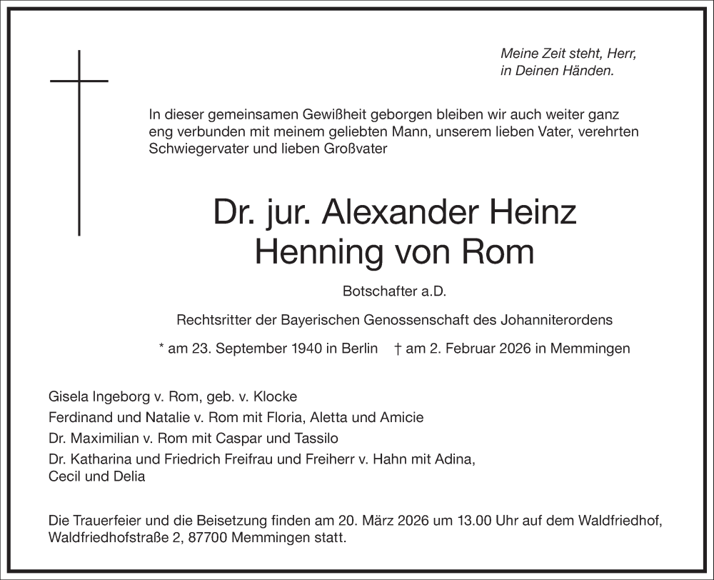  Traueranzeige für Alexander Heinz Henning von Rom vom 21.02.2026 aus Frankfurter Allgemeine Zeitung