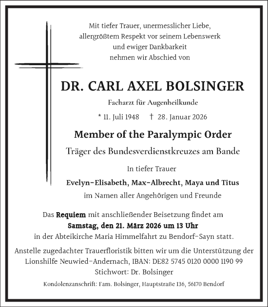 Traueranzeige von Carl Axel Bolsinger von Frankfurter Allgemeine Zeitung
