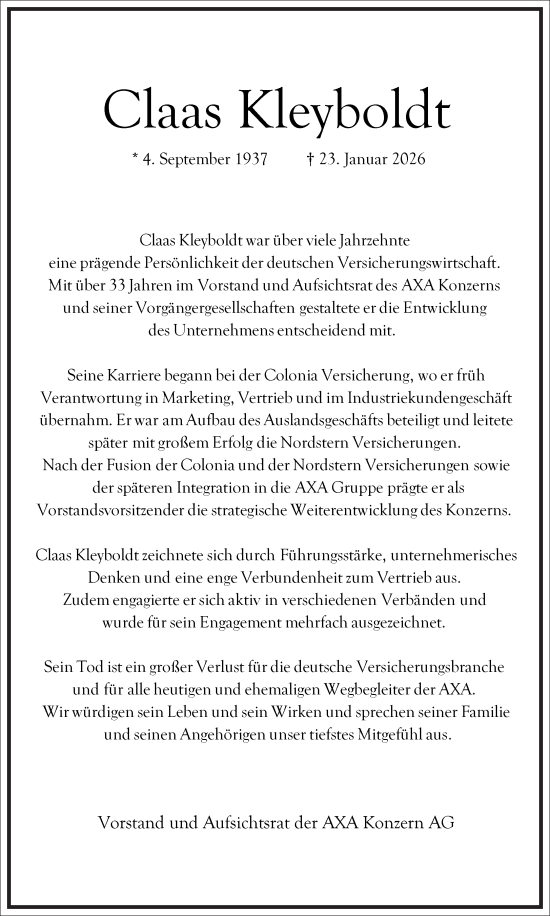 Traueranzeige von Claas Kleyboldt von Frankfurter Allgemeine Zeitung