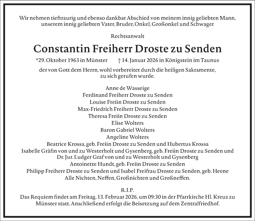  Traueranzeige für Constantin Freiherr Droste zu Senden vom 31.01.2026 aus Frankfurter Allgemeine Zeitung