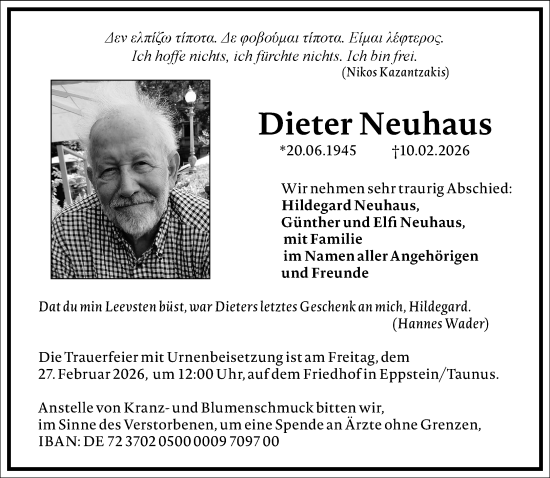 Traueranzeige von Dieter Neuhaus von Frankfurter Allgemeine Zeitung