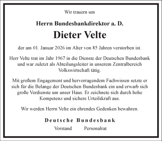 Traueranzeige von Dieter Velte von Frankfurter Allgemeine Zeitung