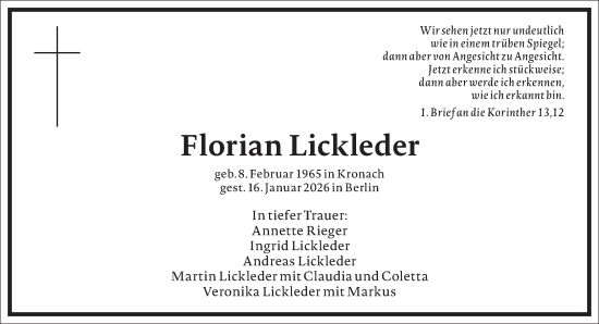 Traueranzeige von Florian Lickleder von Frankfurter Allgemeine Zeitung