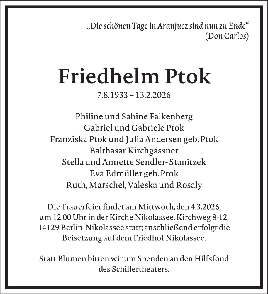  Traueranzeige für Friedhelm Ptok vom 21.02.2026 aus Frankfurter Allgemeine Zeitung