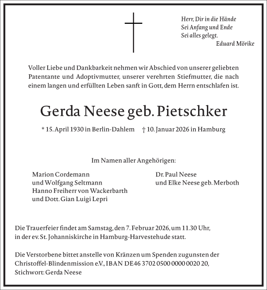 Traueranzeige von Gerda Neese von Frankfurter Allgemeine Zeitung