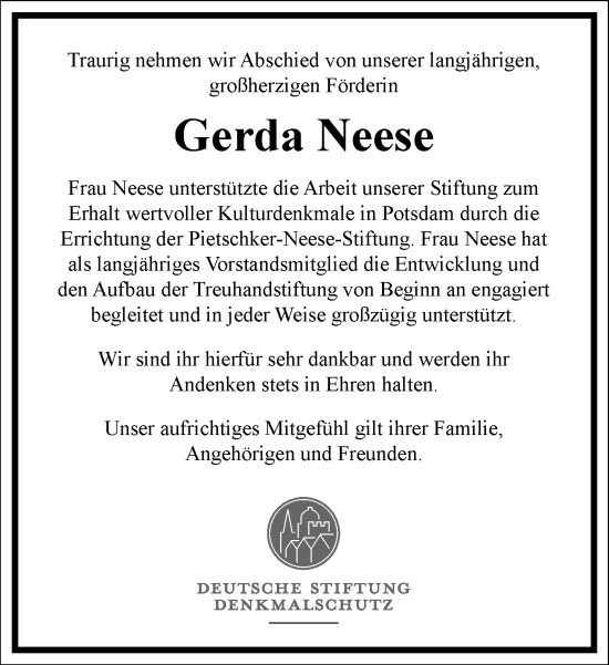 Traueranzeige von Gerda Neese von Frankfurter Allgemeine Zeitung