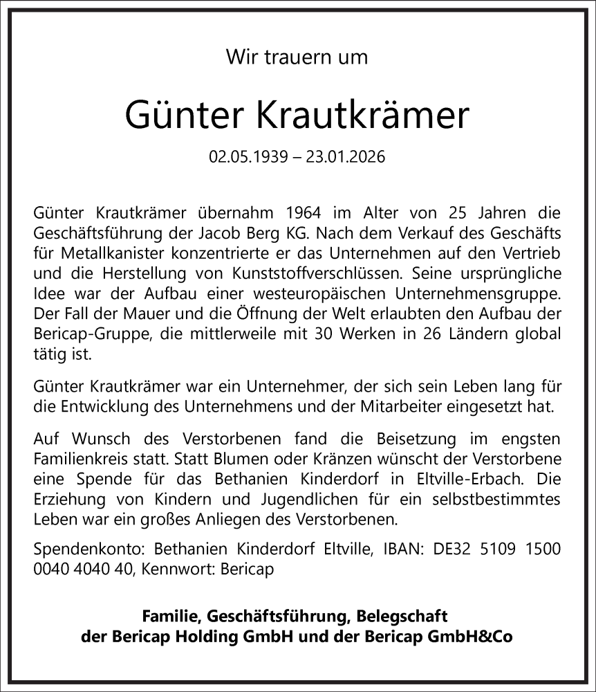  Traueranzeige für Günter Krautkrämer vom 31.01.2026 aus Frankfurter Allgemeine Zeitung