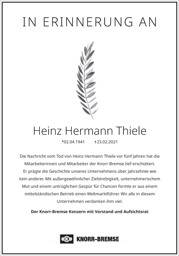  Traueranzeige für Heinz Hermann Thiele vom 21.02.2026 aus Frankfurter Allgemeine Zeitung