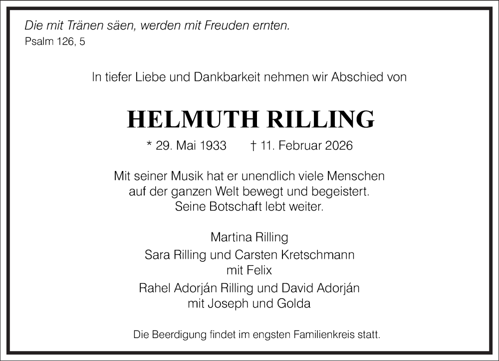  Traueranzeige für Helmuth Rilling vom 16.02.2026 aus Frankfurter Allgemeine Zeitung
