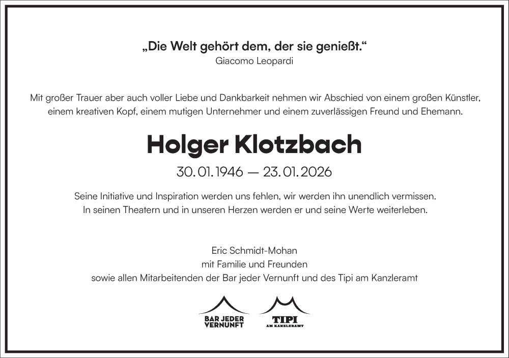  Traueranzeige für Holger Klotzbach vom 31.01.2026 aus Frankfurter Allgemeine Zeitung