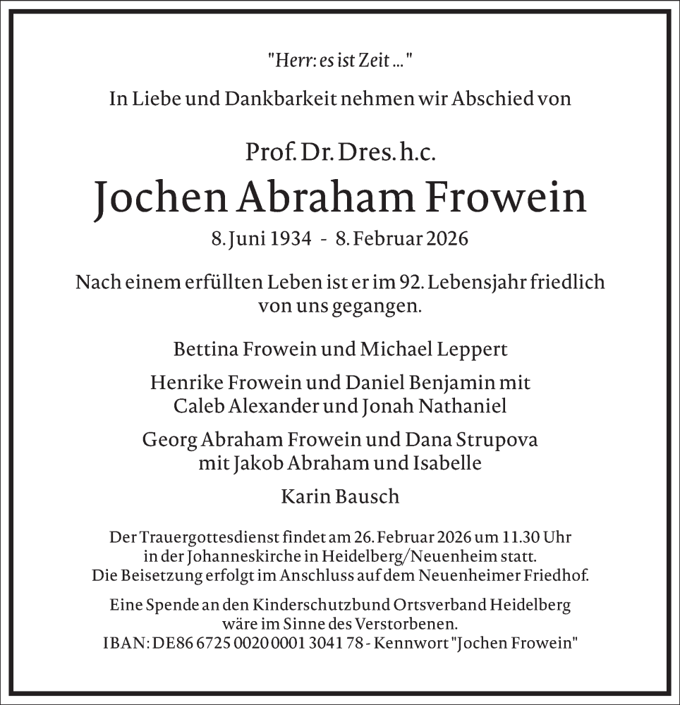  Traueranzeige für Jochen Abraham Frowein vom 14.02.2026 aus Frankfurter Allgemeine Zeitung