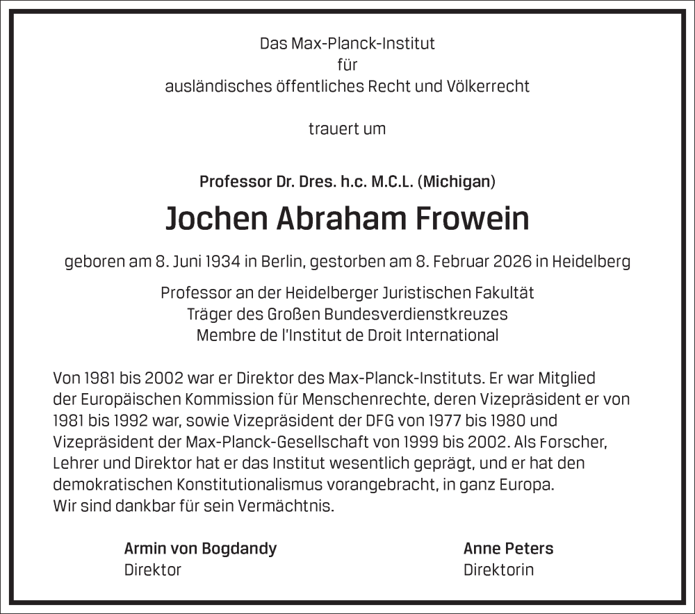  Traueranzeige für Jochen Abraham Frowein vom 14.02.2026 aus Frankfurter Allgemeine Zeitung
