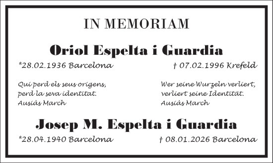 Traueranzeige von Josep M. Espelta i Guardia von Frankfurter Allgemeine Zeitung