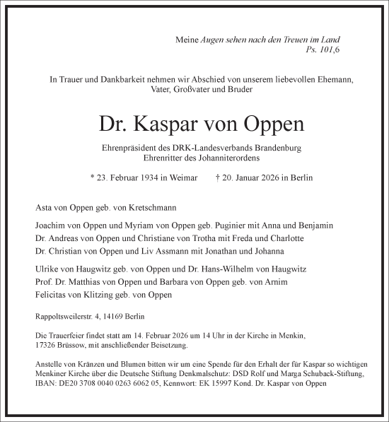 Traueranzeige von Kaspar von Oppen von Frankfurter Allgemeine Zeitung