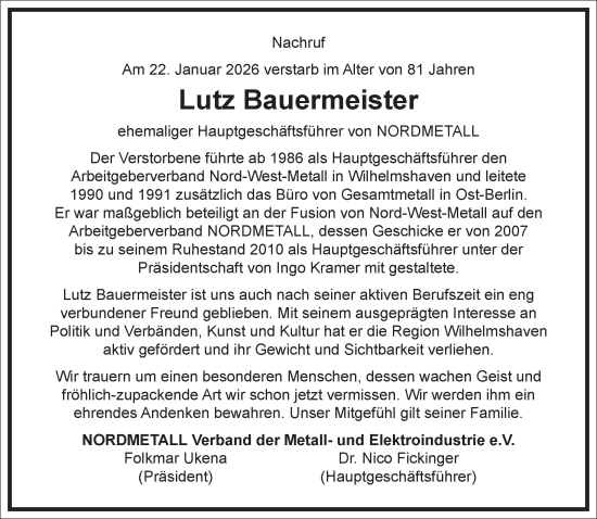Traueranzeige von Lutz Bauermeister von Frankfurter Allgemeine Zeitung