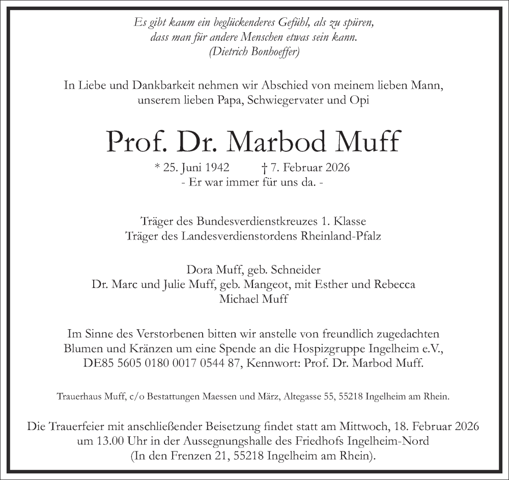  Traueranzeige für Marbod Muff vom 14.02.2026 aus Frankfurter Allgemeine Zeitung