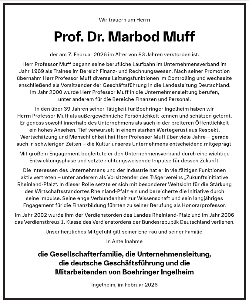  Traueranzeige für Marbod Muff vom 14.02.2026 aus Frankfurter Allgemeine Zeitung