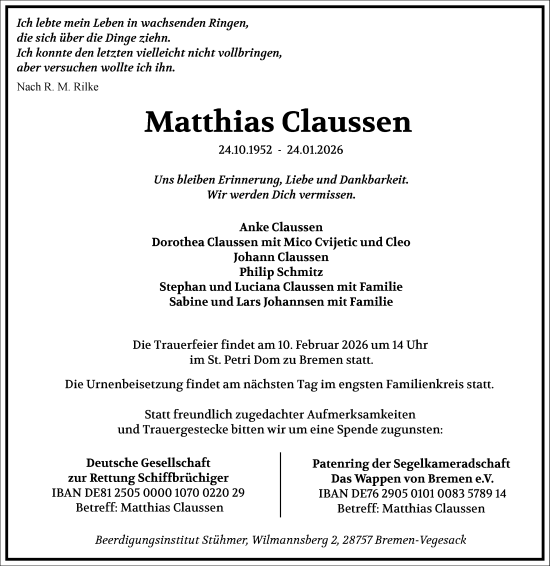 Traueranzeige von Matthias Claussen von Frankfurter Allgemeine Zeitung