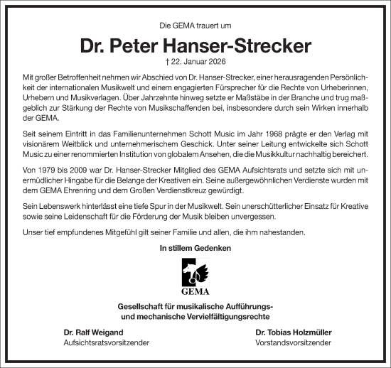 Traueranzeige von Peter Hanser-Strecker von Frankfurter Allgemeine Zeitung