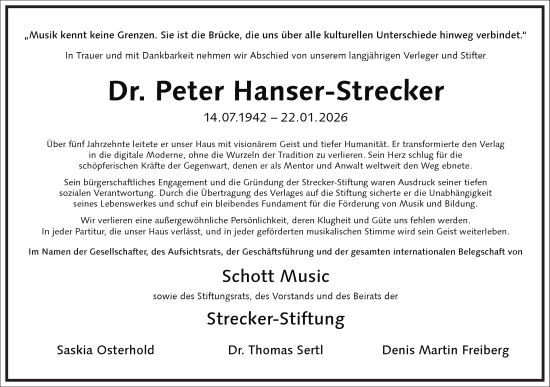 Traueranzeige von Peter Hanser-Strecker von Frankfurter Allgemeine Zeitung