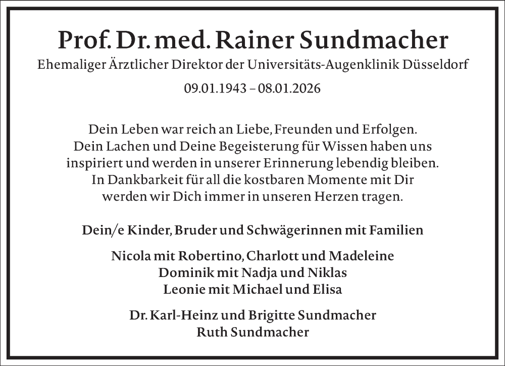  Traueranzeige für Rainer Sundmacher vom 31.01.2026 aus Frankfurter Allgemeine Zeitung