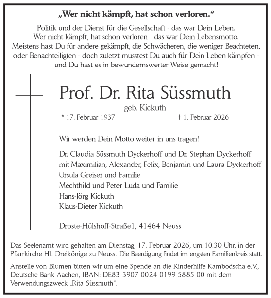 Traueranzeige von Rita Süssmuth von Frankfurter Allgemeine Zeitung