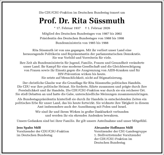 Traueranzeige von Rita Süssmuth von Frankfurter Allgemeine Zeitung