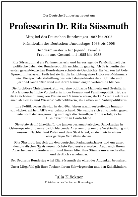 Traueranzeige von Rita Süssmuth von Frankfurter Allgemeine Zeitung