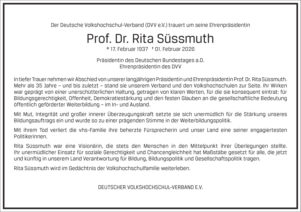  Traueranzeige für Rita Süssmuth vom 07.02.2026 aus Frankfurter Allgemeine Zeitung