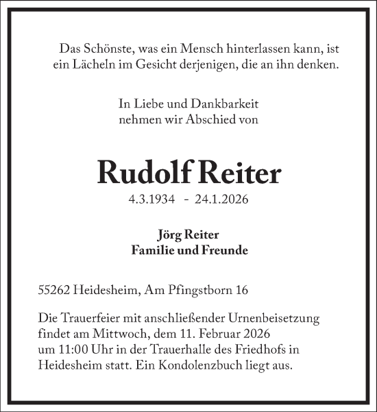 Traueranzeige von Rudolf Reiter von Frankfurter Allgemeine Zeitung
