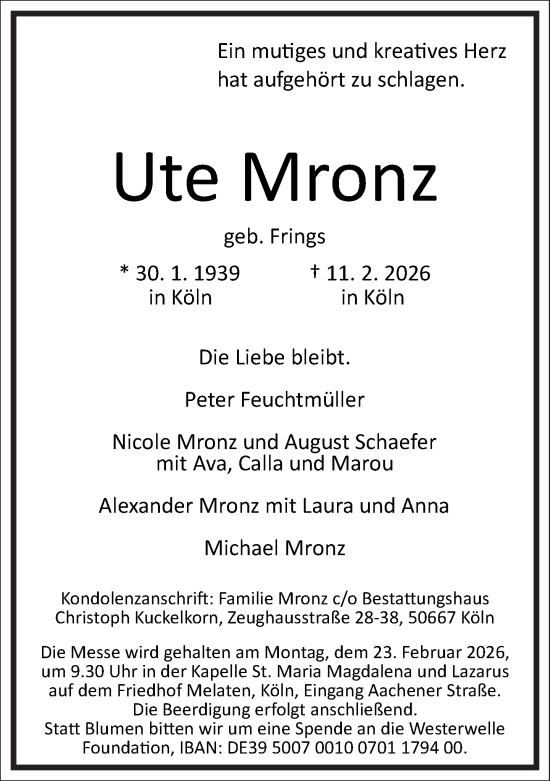 Traueranzeige von Ute Mronz von Frankfurter Allgemeine Zeitung