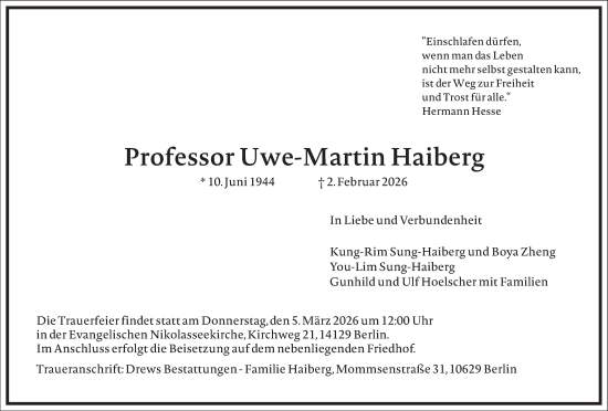 Traueranzeige von Uwe-Martin Haiberg von Frankfurter Allgemeine Zeitung