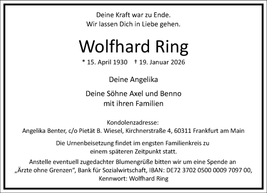 Traueranzeige von Wolfhard Ring von Frankfurter Allgemeine Zeitung
