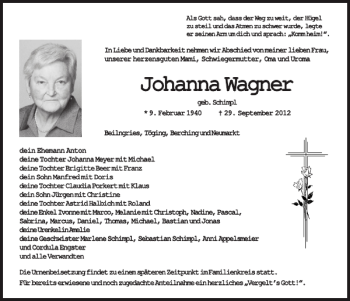 Traueranzeige von Johanna Wagner von Frankfurter Allgemeine Zeitung